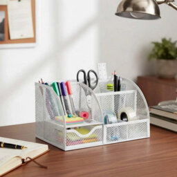 White Mesh Desk Stationary Organiser Metal Tidy Pen Pencil Torage Holder Office School - thumbnail 6