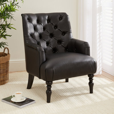 The Furniture Market Chatsworth Black Faux Leather Fabric Deep Button Upholstered Armchair - Black Painted Hardwood Legs - Comfortable Foam Cushioning - image 1