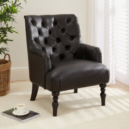 The Furniture Market Chatsworth Black Faux Leather Fabric Deep Button Upholstered Armchair - Black Painted Hardwood Legs - Comfortable Foam Cushioning - thumbnail 1