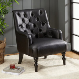 The Furniture Market Chatsworth Black Faux Leather Fabric Deep Button Upholstered Armchair - Black Painted Hardwood Legs - Comfortable Foam Cushioning - thumbnail 2