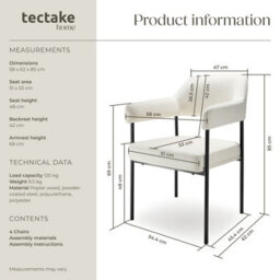 Tectake Set Of 4 Armchair Doé - Durable Fabric, Black Powder-Coated Legs, 120 Kg Load, 58 X 62 X 85 Cm  - Woven Fabric Off-White/black - thumbnail 6