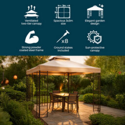 Jack Stonehouse Jsh 3M Gazebo Classical Outdoor 2 Tier Roof Garden Patio Canopy Marquee Shelter In Steel & Polyester With Decorative Frame Beige - thumbnail 3