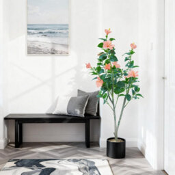 London Boutique 120Cm Artificial Roselle Flower Tree, Faux Flowering Floor Plant With Silk Leaves, Black Pot, Indoor Outdoor Decor - thumbnail 6