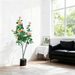 London Boutique 120Cm Artificial Roselle Flower Tree, Faux Flowering Floor Plant With Silk Leaves, Black Pot, Indoor Outdoor Decor - thumbnail 7