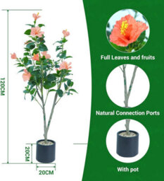 London Boutique 120Cm Artificial Roselle Flower Tree, Faux Flowering Floor Plant With Silk Leaves, Black Pot, Indoor Outdoor Decor - thumbnail 2