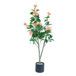 London Boutique 120Cm Artificial Roselle Flower Tree, Faux Flowering Floor Plant With Silk Leaves, Black Pot, Indoor Outdoor Decor