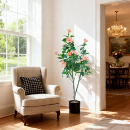 London Boutique 120Cm Artificial Roselle Flower Tree, Faux Flowering Floor Plant With Silk Leaves, Black Pot, Indoor Outdoor Decor - thumbnail 4