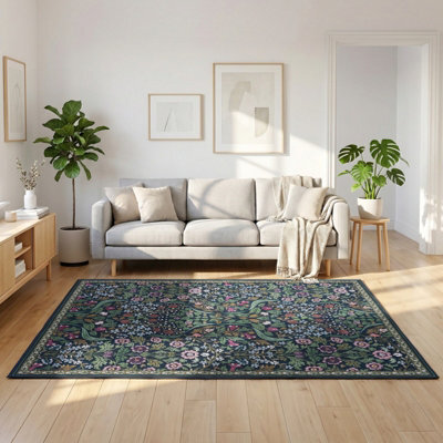 Living And Home Green Floral Rectangular Rug Non Slip Backing Machine Washable Polyester Floor Carpet 180X120Cm - image 1