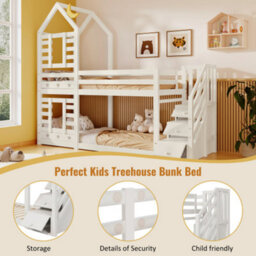 Bunk Bed Storage Kids Cabin Bed Single Bed With Window For Kids, Twin Sleeper 190X90 Cm, Solid Pine Wood,3Ft -White - thumbnail 4
