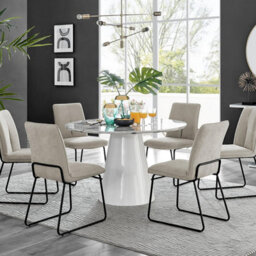 Furniturebox Uk Palma White Marble Effect Round Dining Table & 6 Taupe Halle Black Leg Chairs