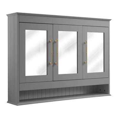 Homestylestore 1050 X 750mm Light Grey Wall Mounted Mirrored Door Bathroom Cabinet And Brushed Brass T Bar Handles - image 1