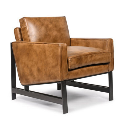 Genuine Leather Armchair With Metal Frame Modern Industrial Accent Chair For Home Accessories Brown Leather Finish - image 1