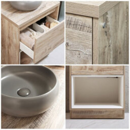 Homestylestore Light Oak 600mm Led Lit Bathroom Vanity Unit Round Pebble Countertop Basin Open Shelf - thumbnail 2