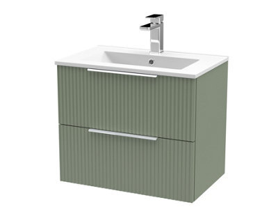 Hudson Reed Fluted Wall Hung 2-Drawer Vanity And Minimalist Basin, Contemporary Sink Vanity Unit, Satin Green, 600mm - image 1