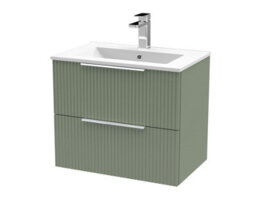 Hudson Reed Fluted Wall Hung 2-Drawer Vanity And Minimalist Basin, Contemporary Sink Vanity Unit, Satin Green, 600mm