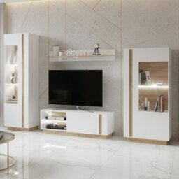 Living Room Furniture Set Arco White I Oak Grandson And White Gloss With Blue Led Lights