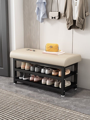 Hygrad Built to Survive Metal Shoe Bench With Storage Shelf Upholstered Entryway Seat With Adjustable Feet,compact Hallway Organizer Furniture White 120Cm - image 1