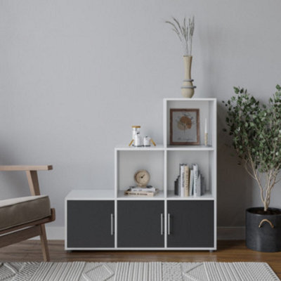 Urbn-Living Urbnliving 91Cm Height 6 Cube Step White Storage Bookcase Shelf Unit Black Wooden Door With Metal Handle - image 1