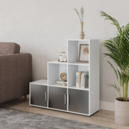 Urbn-Living Urbnliving 91Cm Height 6 Cube Step White Storage Bookcase Shelf Unit Black Wooden Door With Metal Handle - thumbnail 3