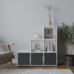 Urbn-Living Urbnliving 91Cm Height 6 Cube Step White Storage Bookcase Shelf Unit Black Wooden Door With Metal Handle