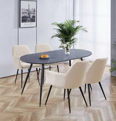 Hallowood Furniture Cullompton Large 160Cm Oval Table, Grey Marble Effect Top, With 4 Beige Fabric Arm Chairs - image 1