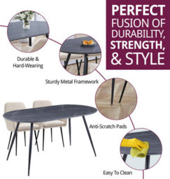 Hallowood Furniture Cullompton Large 160Cm Oval Table, Grey Marble Effect Top, With 4 Beige Fabric Arm Chairs - thumbnail 2