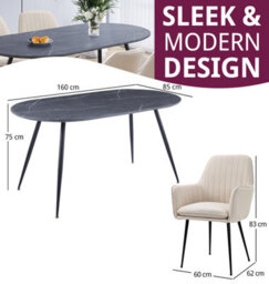 Hallowood Furniture Cullompton Large 160Cm Oval Table, Grey Marble Effect Top, With 4 Beige Fabric Arm Chairs - thumbnail 3