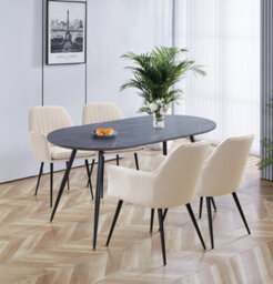 Hallowood Furniture Cullompton Large 160Cm Oval Table, Grey Marble Effect Top, With 4 Beige Fabric Arm Chairs