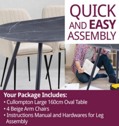 Hallowood Furniture Cullompton Large 160Cm Oval Table, Grey Marble Effect Top, With 4 Beige Fabric Arm Chairs - thumbnail 7