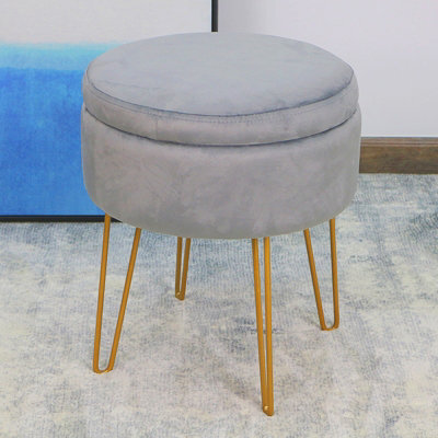 IHIDirect Silver Grey Velvet Plush Round 38X45Cms Storage Side Stool Box Ottoman Gold Metallic Legs - image 1