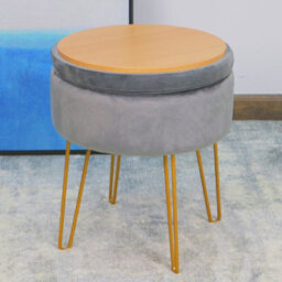 IHIDirect Silver Grey Velvet Plush Round 38X45Cms Storage Side Stool Box Ottoman Gold Metallic Legs - thumbnail 2