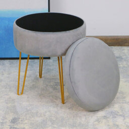 IHIDirect Silver Grey Velvet Plush Round 38X45Cms Storage Side Stool Box Ottoman Gold Metallic Legs - thumbnail 3