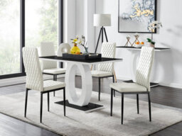 Furniturebox Giovani Rectangular 4 Seat White High Gloss Unique Halo Dining Table Black Glass Top 4 White Faux Leather Black Leg Milan Chairs