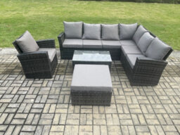 Fimous 8 Seater High Back Outdoor Garden Furniture Set Rattan Corner Sofa Set With Big Footstool Armchair - thumbnail 1