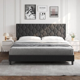 Upholstered Bed Frame With Adjustable Diamond Tufted Headboard, Wooden Slats Support, Grey/king, 190 X 200 Cm - thumbnail 2