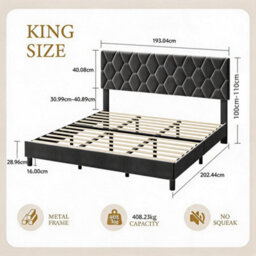 Upholstered Bed Frame With Adjustable Diamond Tufted Headboard, Wooden Slats Support, Grey/king, 190 X 200 Cm - thumbnail 3