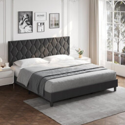 Upholstered Bed Frame With Adjustable Diamond Tufted Headboard, Wooden Slats Support, Grey/king, 190 X 200 Cm