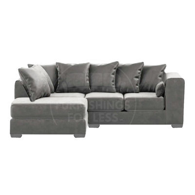 Furnishings For Less UK Ella Boxed Arm Plush Velvet 3 To 4 Seater L Shaped Corner Sofa  Grey Left Hand Facing