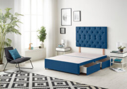 "Somnior Beds Premier 2Ft6 Small Single Divan Bed Base With 30"" Tufted Headboard - Plush Velvet, Navy - 2 Drawer"