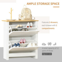 Homcom 12-Shoe Storage Cabinet 4 Shelves 2 Drawers Tabletop 4 Legs Modern White - thumbnail 4