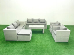 Fimous Outdoor Garden Furniture Rattan Sofa Set 2 Armchairs Oblong Coffee Table Big Stool Light Grey - thumbnail 2