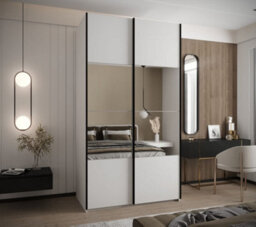 Arte Elegant Trosa Iv Sliding Door Wardrobe H2450mm W1400mm D640mm Mirrored Doors, Six Shelves, Hanging Rail, White Finish - thumbnail 2