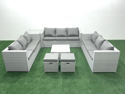 Fimous Rattan Garden Outdoor Furniture Set 11 Seater Rattan Garden Sofa Set 2 Small Stool Side Table Light Grey - image 1