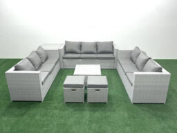 Fimous Rattan Garden Outdoor Furniture Set 11 Seater Rattan Garden Sofa Set 2 Small Stool Side Table Light Grey - thumbnail 2