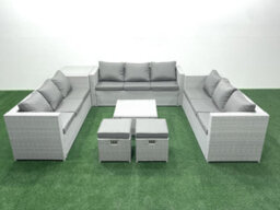 Fimous Rattan Garden Outdoor Furniture Set 11 Seater Rattan Garden Sofa Set 2 Small Stool Side Table Light Grey - thumbnail 1