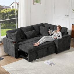 Fenchilin L-Shaped Sofa Bed With Pull-Out Sleeper Chaise Storage Armrest Storage Charging Cup Holder Grey - thumbnail 7