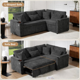 Fenchilin L-Shaped Sofa Bed With Pull-Out Sleeper Chaise Storage Armrest Storage Charging Cup Holder Grey - thumbnail 2