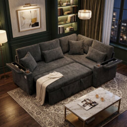 Fenchilin L-Shaped Sofa Bed With Pull-Out Sleeper Chaise Storage Armrest Storage Charging Cup Holder Grey