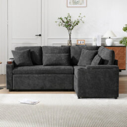 Fenchilin L-Shaped Sofa Bed With Pull-Out Sleeper Chaise Storage Armrest Storage Charging Cup Holder Grey - thumbnail 6