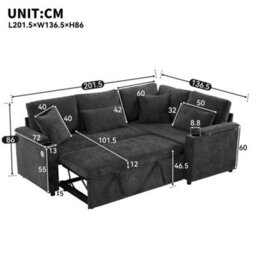 Fenchilin L-Shaped Sofa Bed With Pull-Out Sleeper Chaise Storage Armrest Storage Charging Cup Holder Grey - thumbnail 5